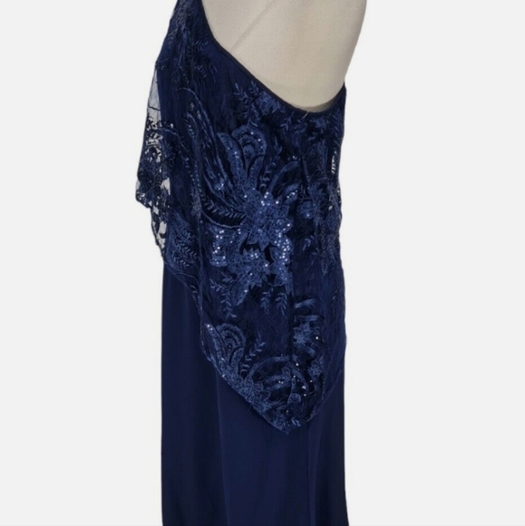 NWT Tahari by Arthur S Levine ONE SHOULDER LACE Evening NAVY GOWN - Size 12 - Picture 3 of 8